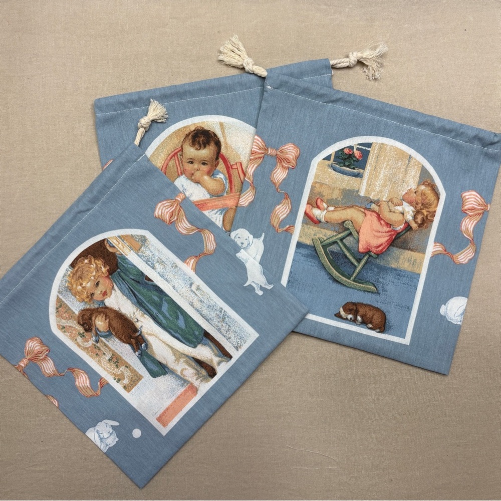 Vintage Style Blue Cotton Drawstring Bags Set NWT